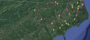 Map of North Carolina with pins showing the trial locations